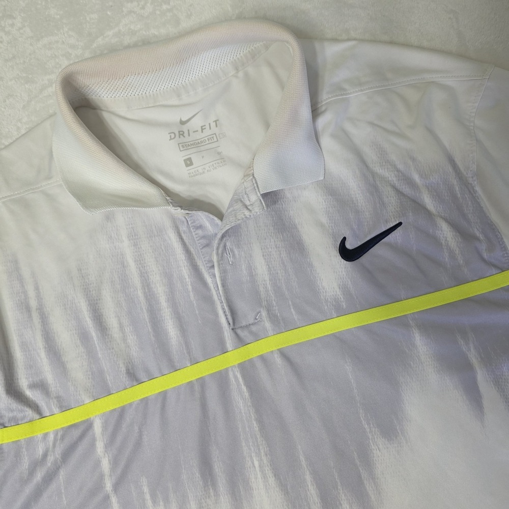 Nike Dri-Fit Mens Small Vapor Fog Print Golf Polo White Volt Logo Read Flaw